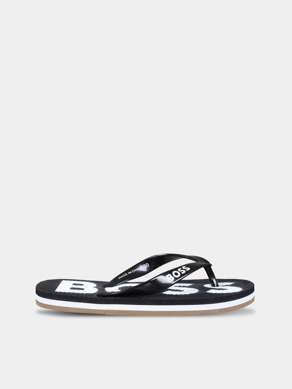 Black flip flops for boy with logo